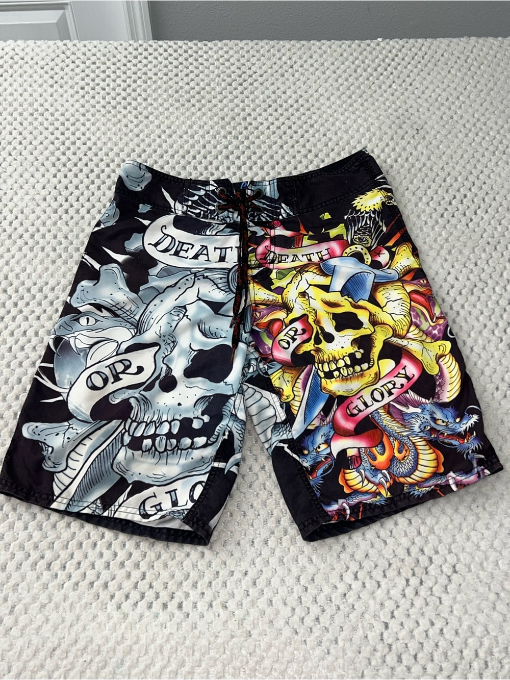 Ed Hardy Black Multi Skull Graphic Swim Trunks